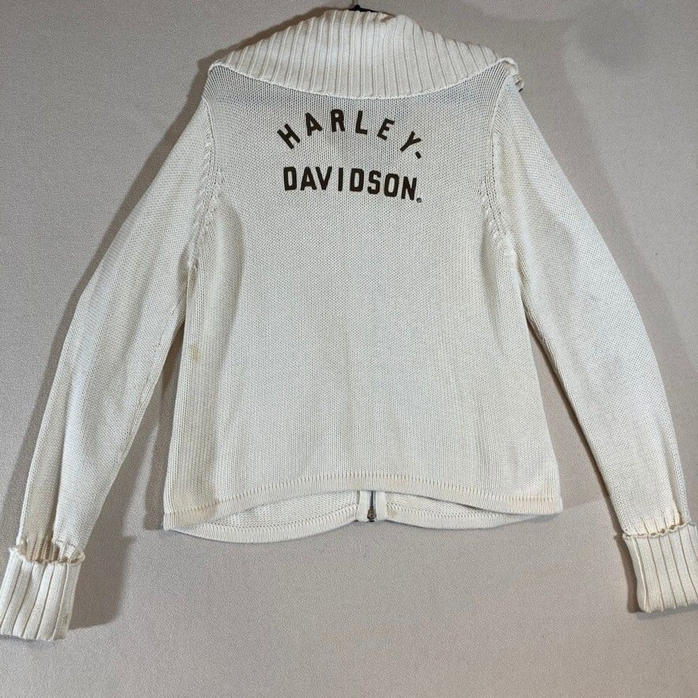 Vtg Y2K 2004 Harley Davidson Women 2X Chunky Knit Ivory Spell Out Back Full Zip